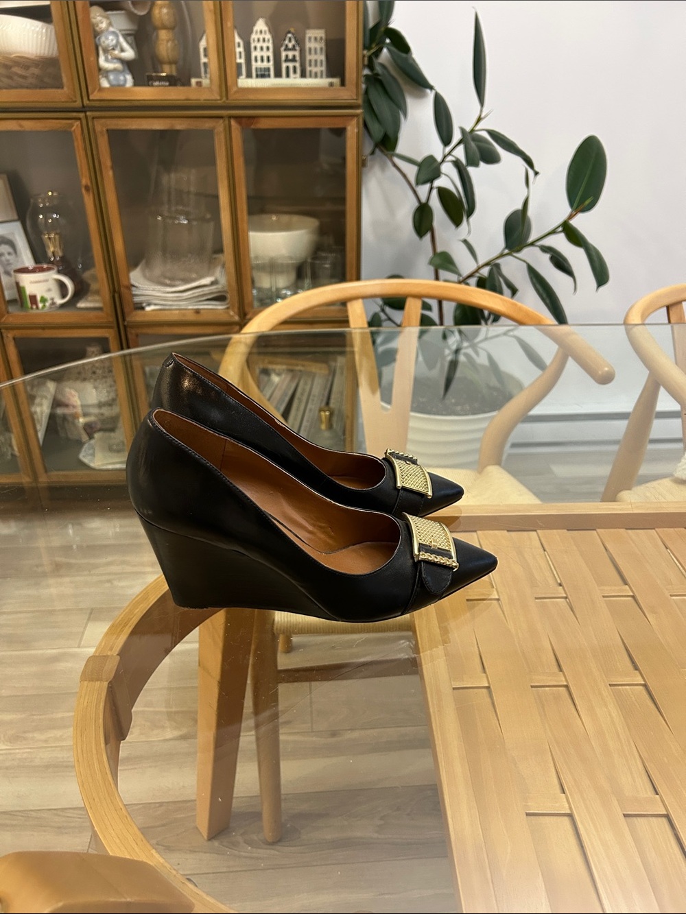 Nine West Genuine Leather Black Wedge Pumps Shoes with Gold Accent